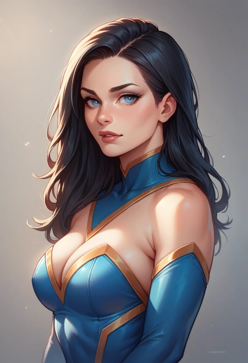 A girl of stunning beauty, with black hair, blue eyes, a sculpted body dressed in a superhero costume, in 4K resolution and realistic image.