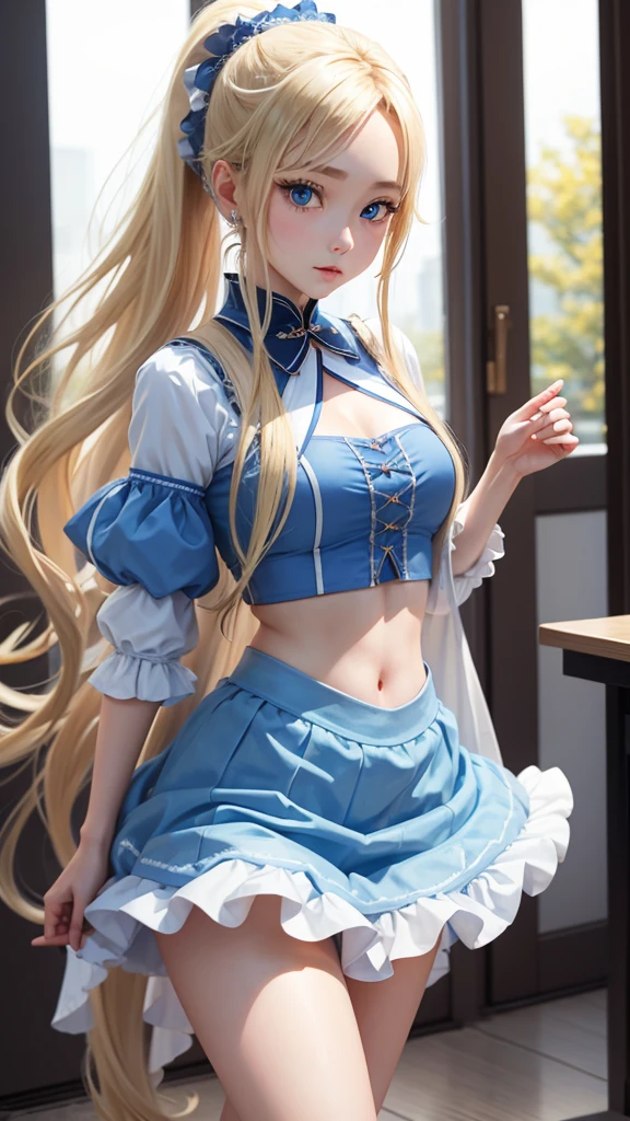 Blonde、ponytail、long hair、Russian beauties、Pale blue eyes、Idol、Color: Blue、dance、Fluffy skirt