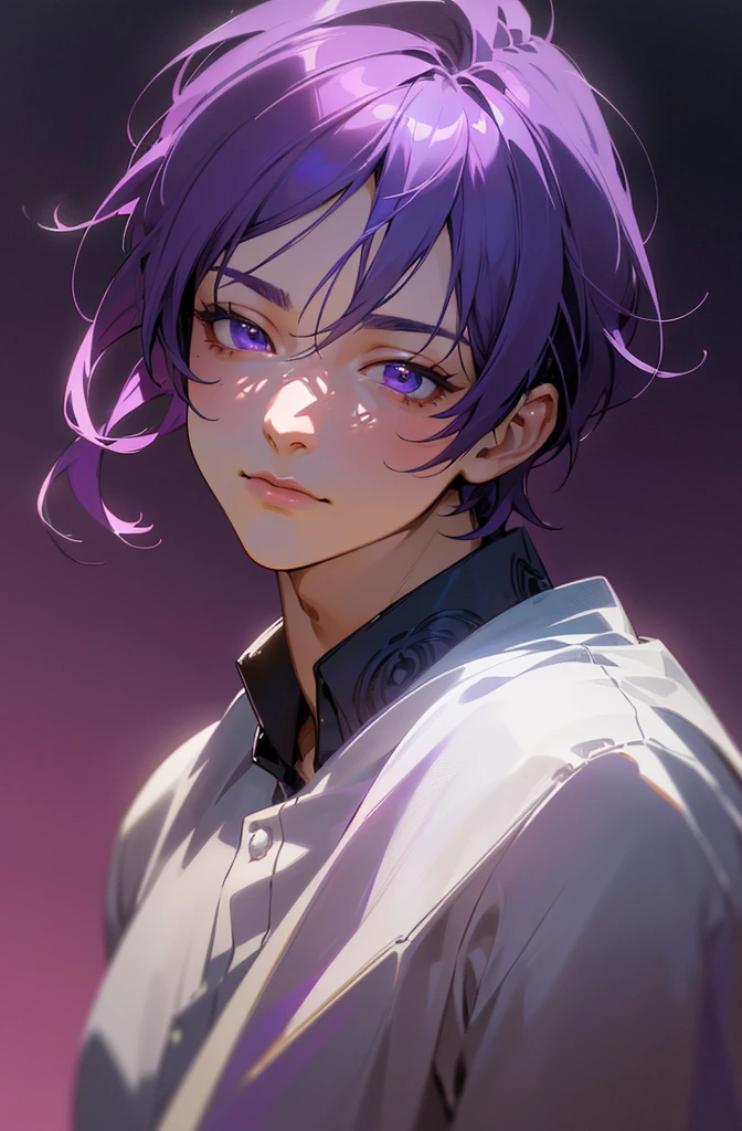 a young anime boy with beautiful purple hair and stunning purple eyes, intricate detailed face, serene expression, wearing a white shirt, atmospheric lighting, vibrant colors, digital painting, (best quality,4k,8k,highres,masterpiece:1.2),ultra-detailed,(realistic,photorealistic,photo-realistic:1.37),cinematic lighting,dramatic colors,highly detailed,concept art style