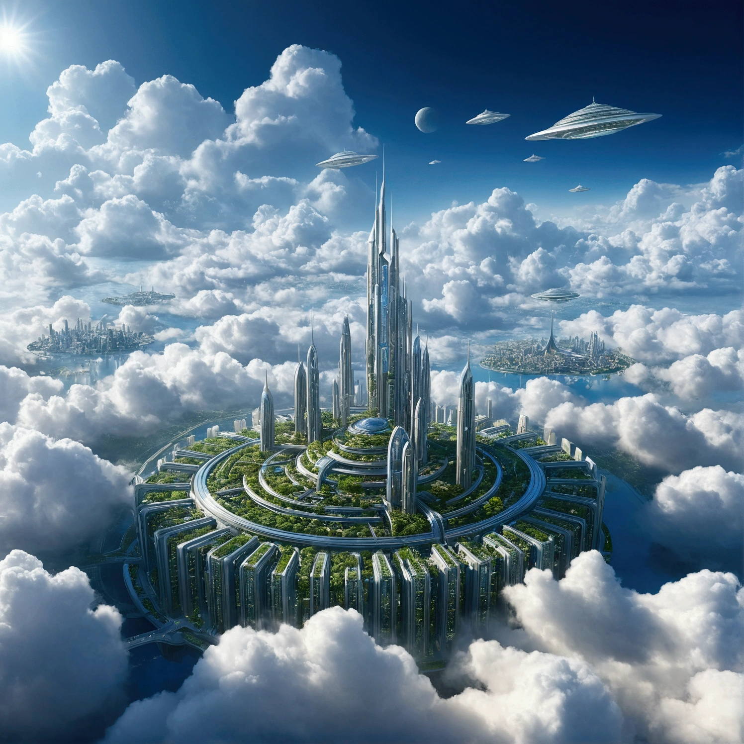 Futuristic city with clouds in the sky, Floating city in the sky, Floating city on clouds, Floating Land in the Clouds, 在幻想Sci-fi city, Future Utopian City, Floating city, Sci-fi city, Huge futuristic temple city, Future utopian metropolis, Future Utopian Fantasy, Abandoned flying future city, Otherworldly city of the future