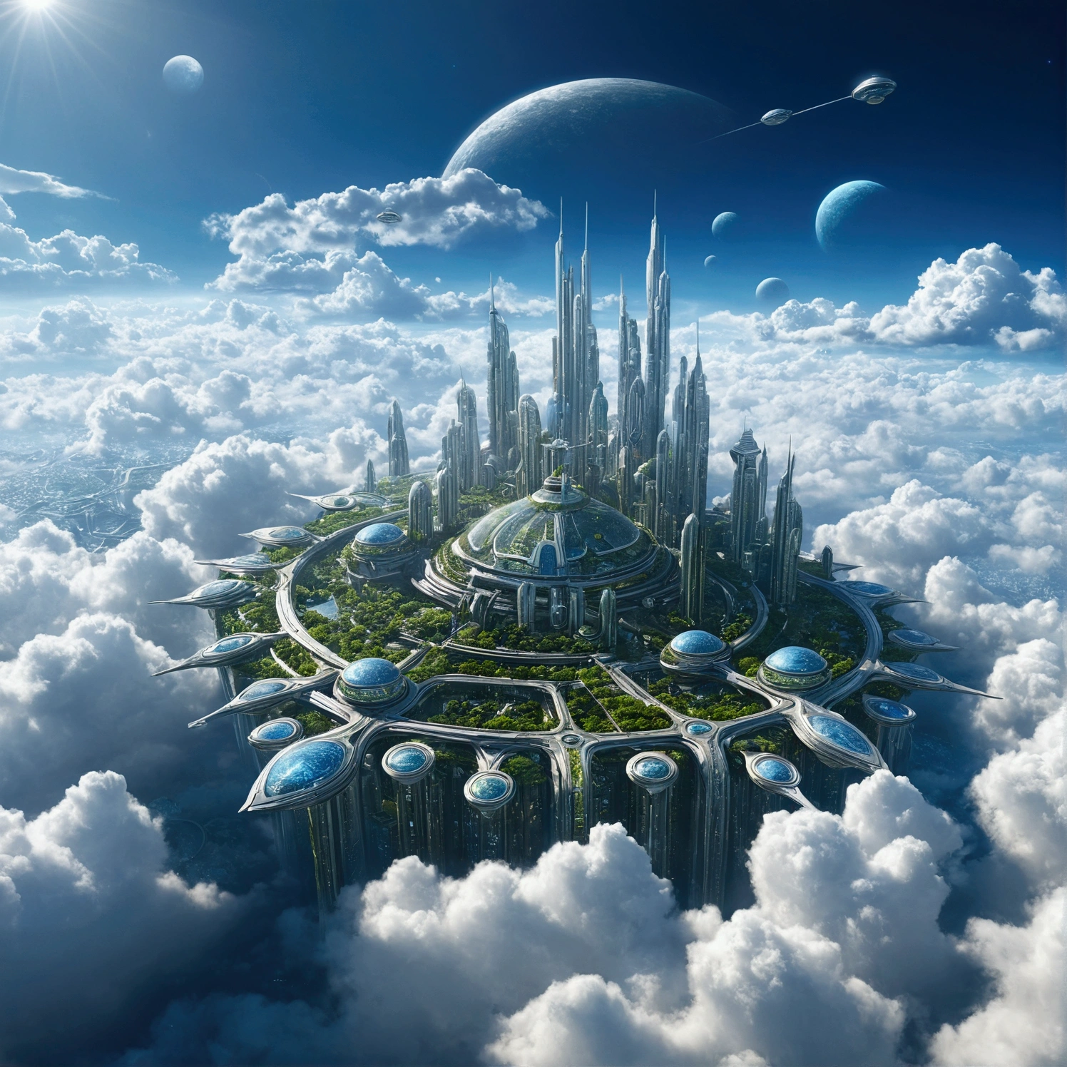 Futuristic city with clouds in the sky, Floating city in the sky, Floating city on clouds, Floating Land in the Clouds, 在幻想Sci-fi city, Future Utopian City, Floating city, Sci-fi city, Huge futuristic temple city, Future utopian metropolis, Future Utopian Fantasy, Abandoned flying future city, Otherworldly city of the future