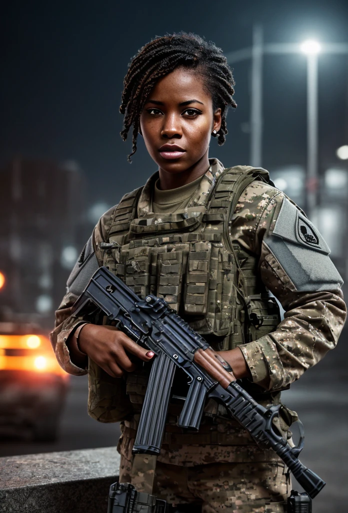 A muscular African American female special forces soldier, highly detailed portrait, beautiful detailed eyes, beautiful detailed lips, extremely detailed face, long eyelashes, serious expression, military uniform, tactical gear, assault rifle, night vision goggles, urban environment, cinematic lighting, dramatic shadows, gritty realism, hyper detailed, 8k, photorealistic, award winning digital 