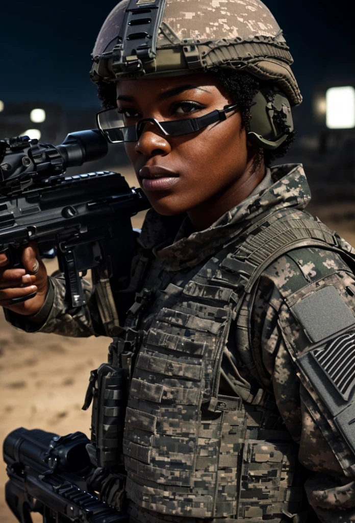 A muscular African American female special forces soldier, highly detailed portrait, beautiful detailed eyes, beautiful detailed lips, extremely detailed face, long eyelashes, serious expression, military uniform, tactical gear, assault rifle, night vision goggles, urban environment, cinematic lighting, dramatic shadows, gritty realism, hyper detailed, 8k, photorealistic, award winning digital 