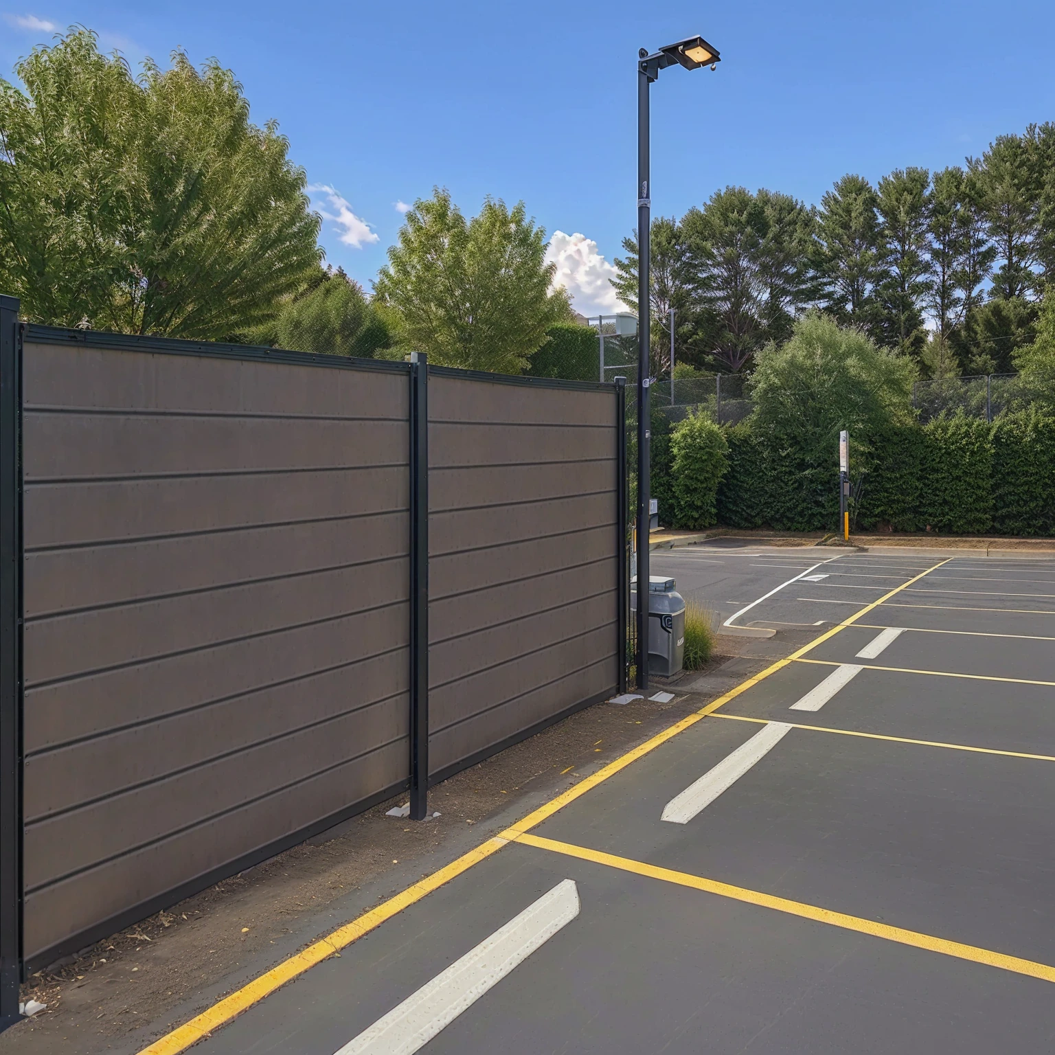 there is a fence that is in a parking lot with a parking lot light, composite, panels, outdoor, realistic scene, by Wayne England, fence, wide portrait, fencing, small fence, foam, photo taken with provia, complex background, close portrait, majestic masterpiece, full subject shown in photo, digital rendering, metal panels, detailed wide shot, zaun