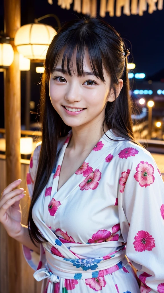 High resolution、high quality、Detailed face、Beautiful Face、cute、Young Face、Young face、Beautiful scenery in Japan、yukata、An innocent smile、whole body、Summer festival、stall、Nightclub、firework
