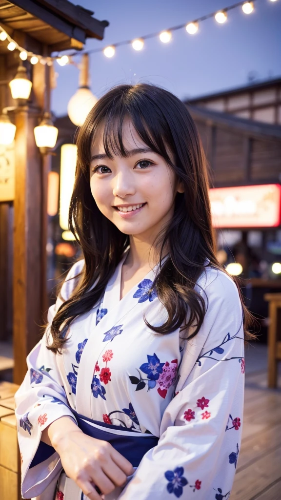 High resolution、high quality、Detailed face、Beautiful Face、cute、Young Face、Young face、Beautiful scenery in Japan、yukata、An innocent smile、whole body、Summer festival、stall、Nightclub、firework
