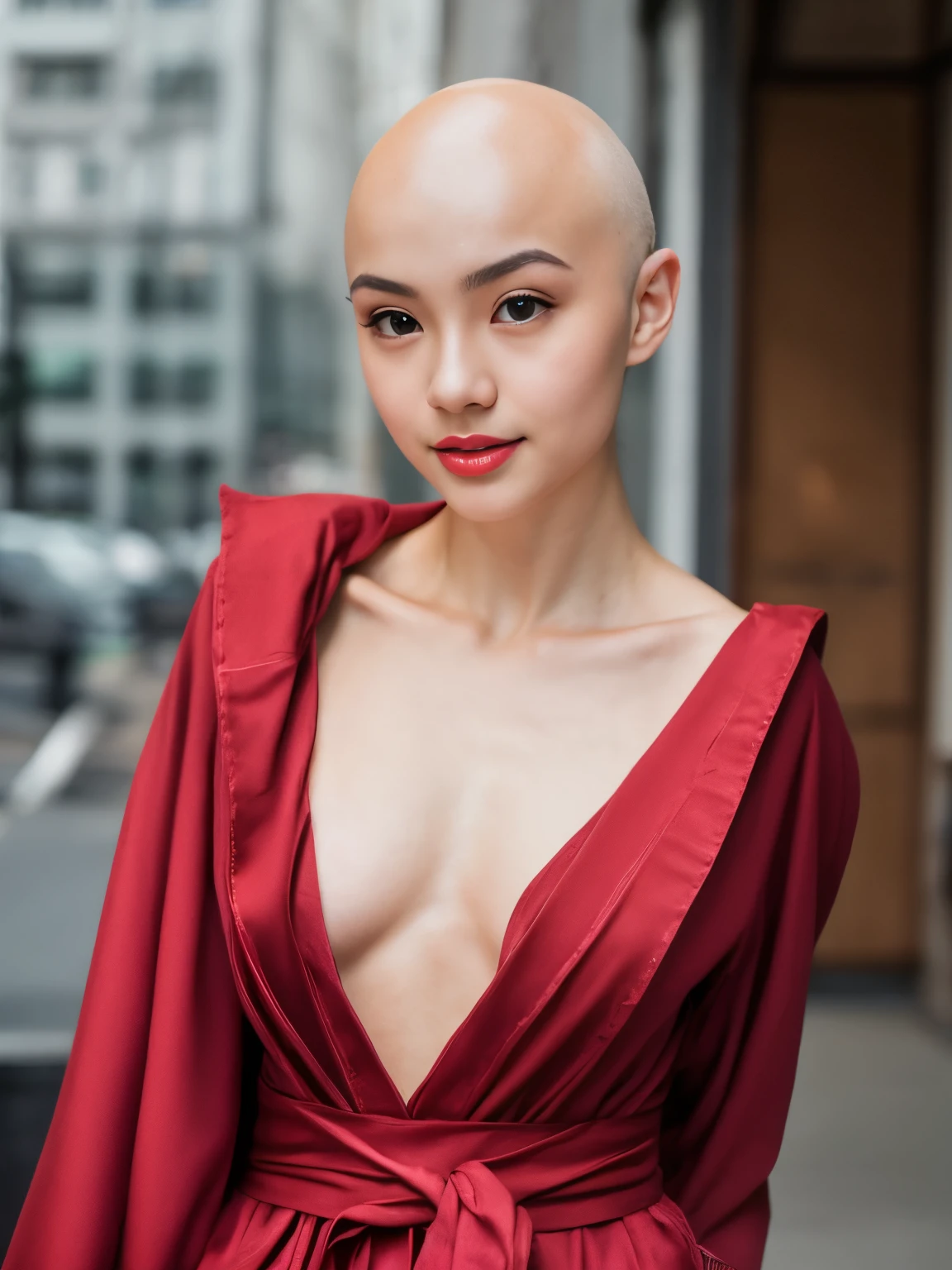 full body, pale asian girl, blueeyes, shaved hair, bald, skinny, thin, slim, lean, slender, nubile, posing for picture, natural lighting, armpits, perfect lips, symmetrical face, young, youthful, teen, teenager, heavy makeup, red lips, red wizard robes