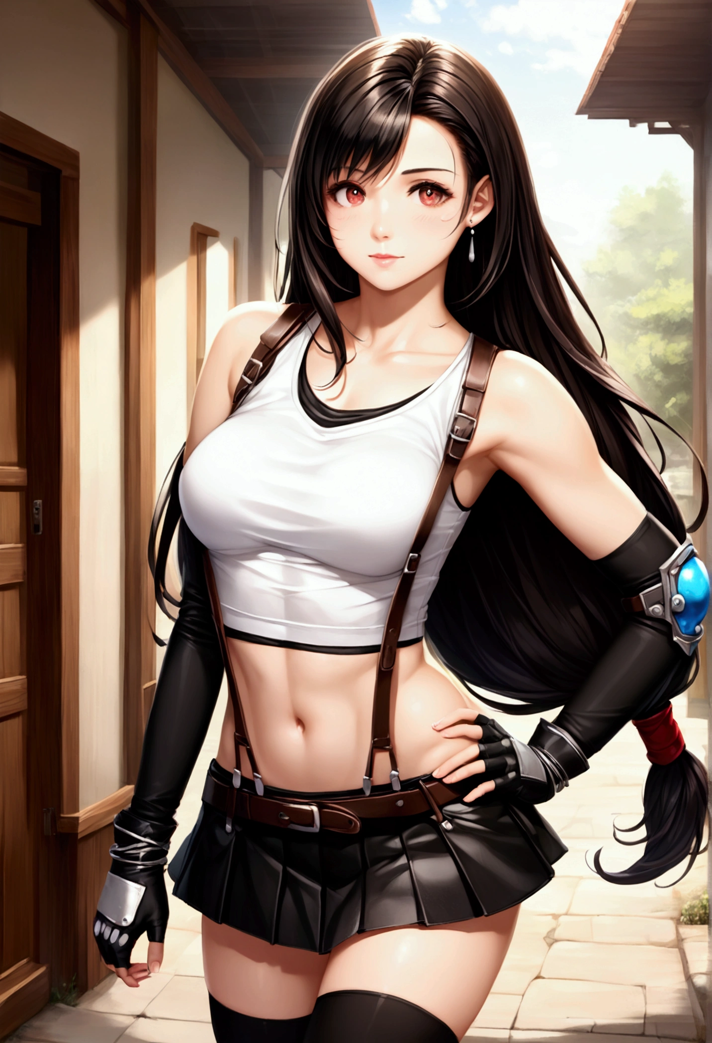 score_9, score_8_up, score_7_up,,BREAK , ,from high,high view,top angle,,contrapost pose,(upperbody) ,,straight-on,Solo,1girl, tifa lockhart, final fantasy,black hair, low-tied long hair, red eyes, bangs, (white tank top,gap),High exposure,Belly exposure,the ribs,(belt, pleated skirt, thighhighs, elbow fingerless gloves, elbow pads, midriff, navel,suspenders.skirt),beautiful waist ,(large_breast:1.3),:o,hand on own hip,daytime,outdoor,(ultra detailed),(best quality),(aesthetic,very aesthetic),UHD,photorealistic,game cg.extremely detailed CG unity 8k wallpaper,photorealistic,depth of field,,,
