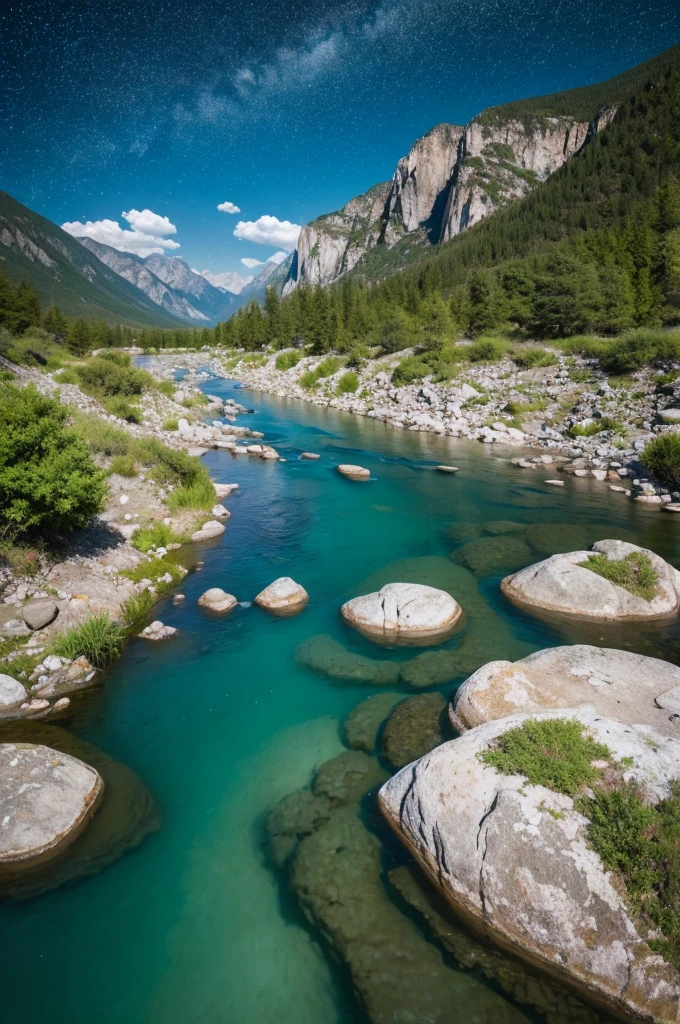 Highest quality, masterpiece, Ultra-high resolution, riverbed,In the water,look up,Starry Sky,Deep in the mountains,Source of the River,Fantastic landscape,transparency