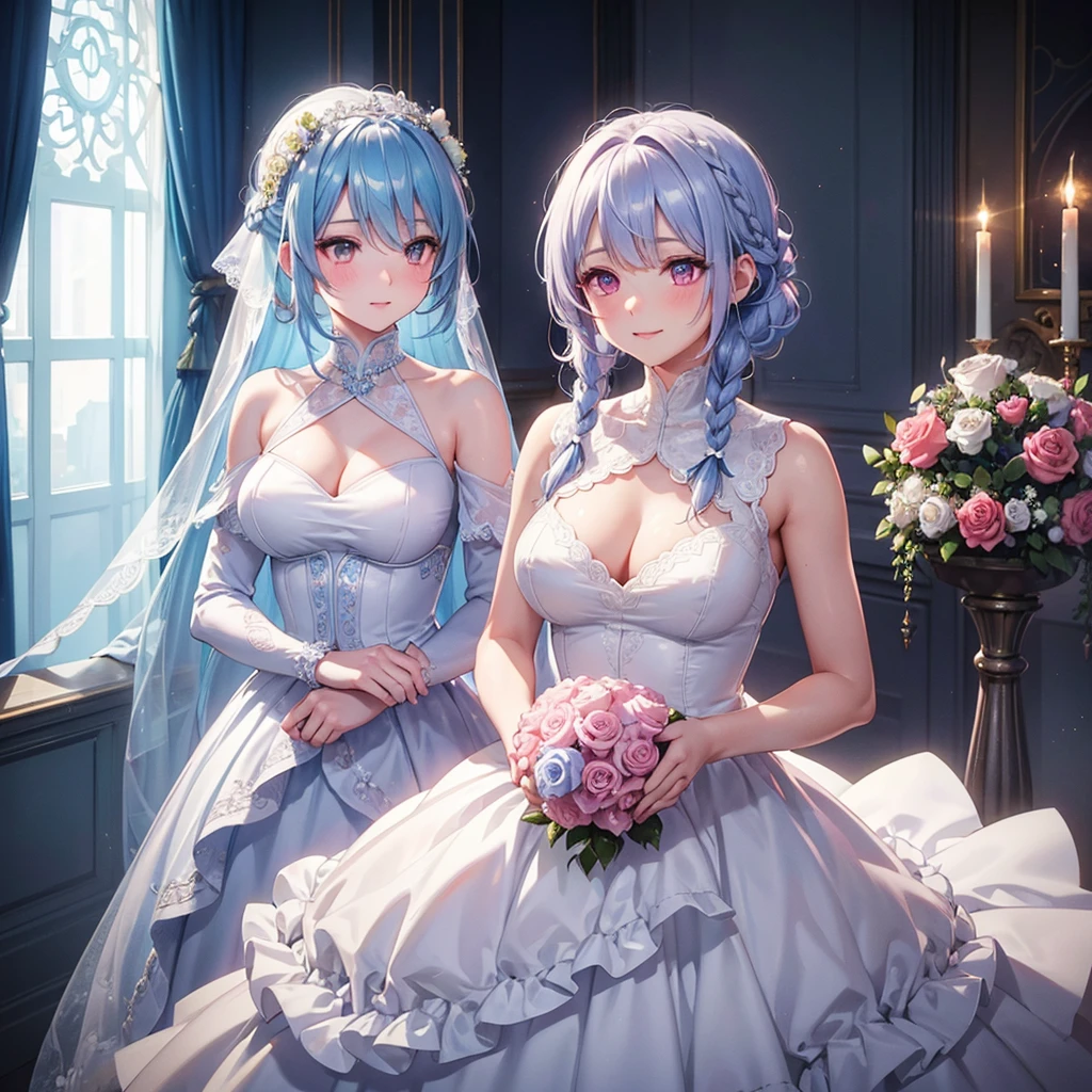  (Light blue medium hair),(Braided hair tied together)、Pink eyes、Fair skin、(whole body),(One Girl),bride,Big smile,Straight bangs,A dignified figure、 6月のbride,Wedding dress,(masterpiece, Highest quality, Very detailed, Best Shadow), (Detailed Background), (Beautifully detailed face), High Contrast, (Best lighting, Very delicate and beautiful), ((Cinematic Light)), colorful, Hyper Detail, Dramatic Light, Intricate details,Chapel background,Bouquet of roses,Ring on left ring finger,