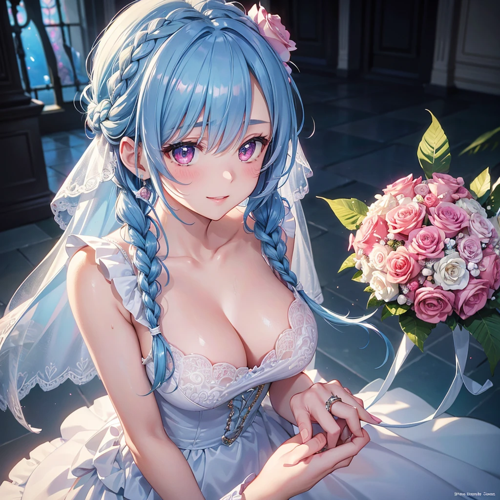  (Light blue medium hair),(Braided hair tied together)、Pink eyes、Fair skin、(whole body),(One Girl),bride,Big smile,Straight bangs,A dignified figure、 6月のbride,Wedding dress,(masterpiece, Highest quality, Very detailed, Best Shadow), (Detailed Background), (Beautifully detailed face), High Contrast, (Best lighting, Very delicate and beautiful), ((Cinematic Light)), colorful, Hyper Detail, Dramatic Light, Intricate details,Chapel background,Bouquet of roses,Ring on left ring finger,