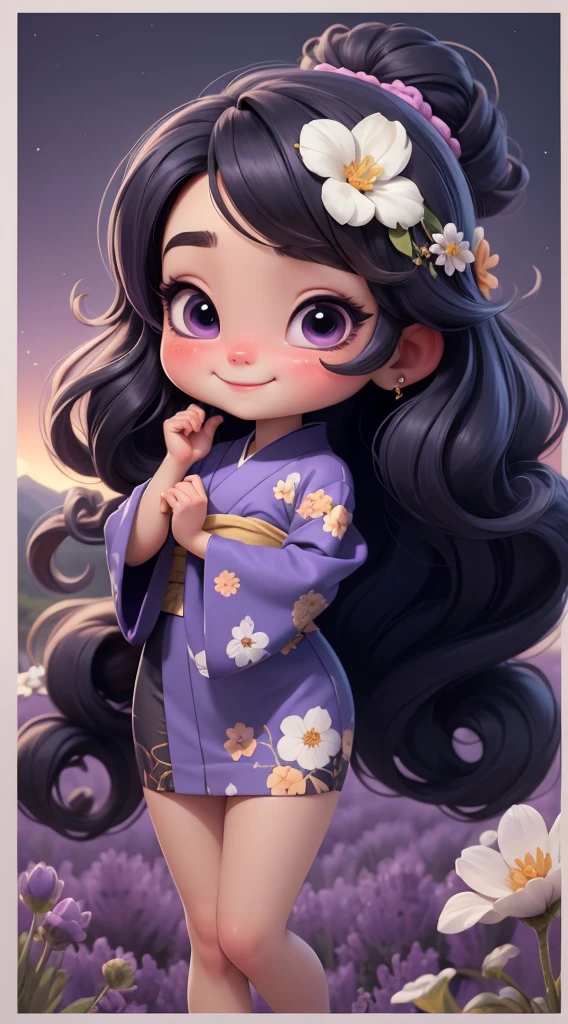 Create a baby chibi version of the Alice character in an 8K resolution. As a coloring book, the color should be black and white, the border should be simple, with the same line thickness, clear, and bold. A beautiful Asian girl with long, flowing black hair adorned with a delicate [lavender hair ornament] is strolling through the picturesque [lavender fields] of Furano, Hokkaido. She is wearing a stunning [kimono with lavender pattern], the vibrant purple colors contrasting with the vast expanse of blooming lavender. The girl's expression exudes a sense of tranquility and joy as she immerses herself in the beauty of the fragrant flowers, It's sunny, Detailed eyes, clear outlines, kawaii pose, A smile, Raise your right hand, Eye Up, Laugh, radiant light, Taken from the side. She should look adorable and cute. Give him a smiling expression and a sweet smile on his face, capturing the essence of the character in a delicate and charming way.