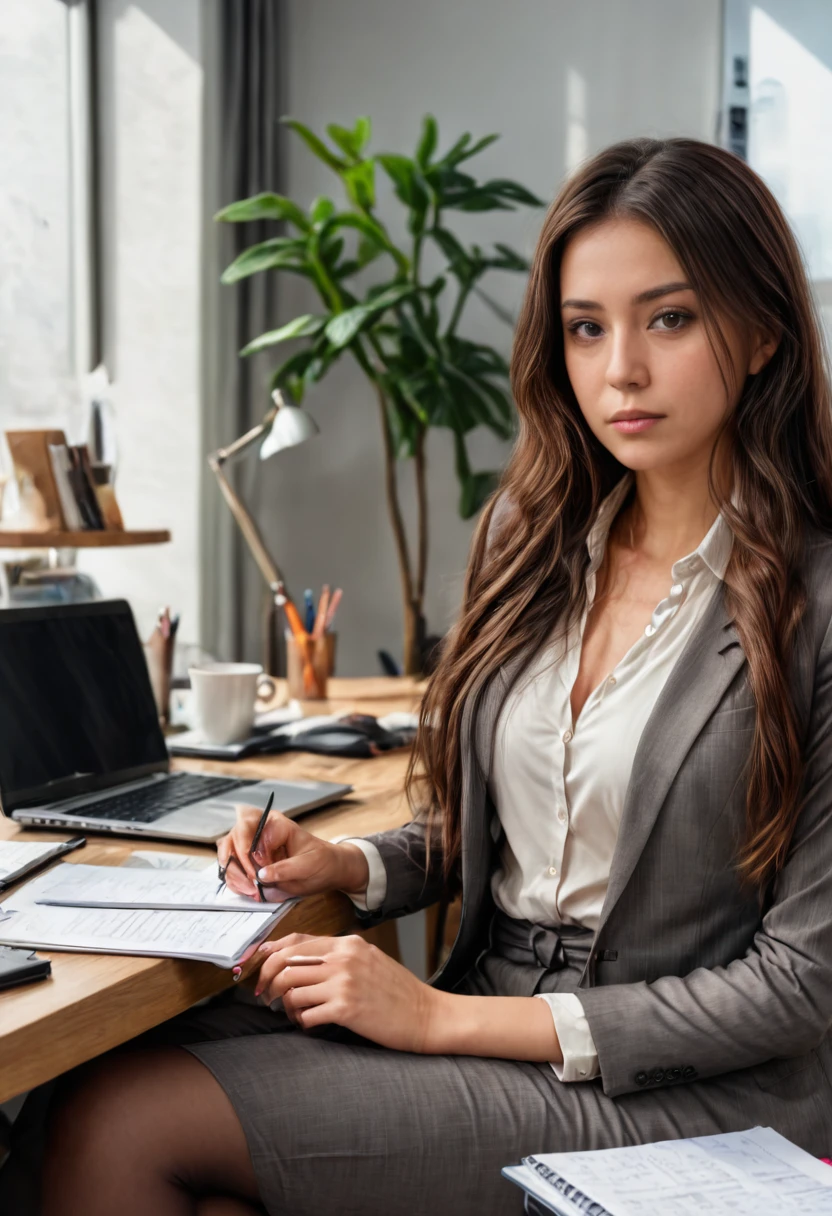 "Anikaxxx (anikaxxx), a beautiful and confident woman with long brown hair, is sitting at a desk working on her laptop. She is focused and determined, wearing stylish but professional attire. The scene is well-lit, with natural light streaming in from a nearby window. Her workspace is organized, with a coffee cup and some stationery neatly arranged. Her expression is one of concentration and engagement as she types on the keyboard. The overall atmosphere is professional yet inviting, emphasizing her dedication and professionalism."

