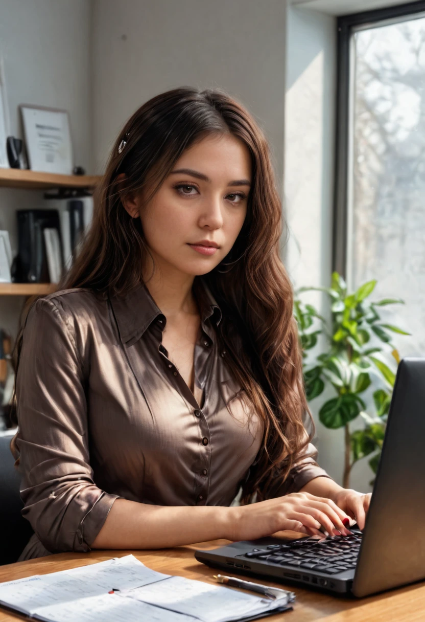 "Anikaxxx (anikaxxx), a beautiful and confident woman with long brown hair, is sitting at a desk working on her laptop. She is focused and determined, wearing stylish but professional attire. The scene is well-lit, with natural light streaming in from a nearby window. Her workspace is organized, with a coffee cup and some stationery neatly arranged. Her expression is one of concentration and engagement as she types on the keyboard. The overall atmosphere is professional yet inviting, emphasizing her dedication and professionalism."