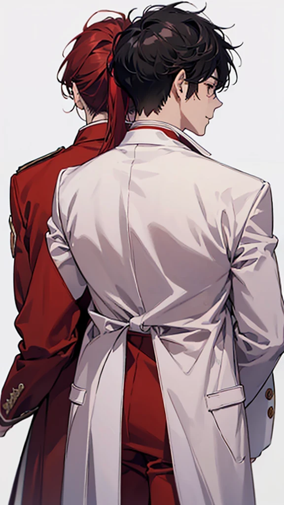 Back view of two men、One is in a red suit、one person is wearing a white coat、The man in the red suit has a purple ponytail、The man in the white coat has short black hair、Laughing