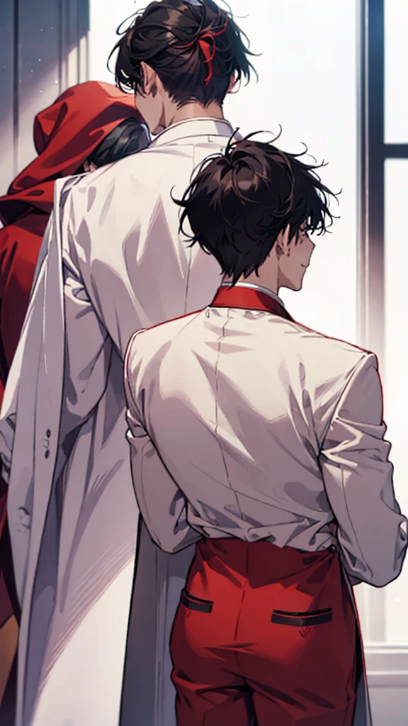 Back view of two men、One is in a red suit、one person is wearing a white coat、The man in the red suit has a purple ponytail、The man in the white coat has short black hair、Laughing