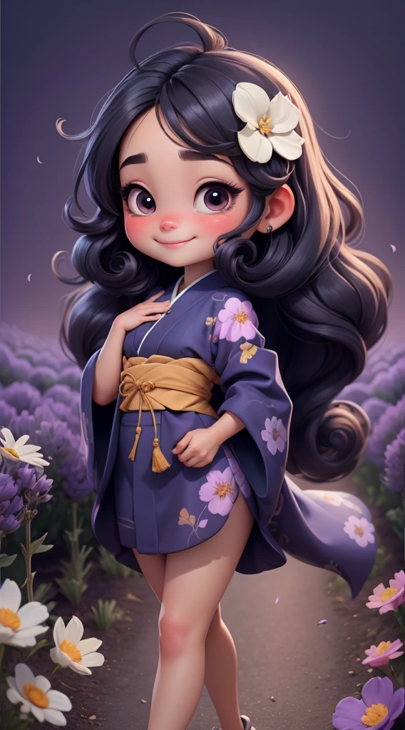 Create a baby chibi version of the Alice character in an 8K resolution. As a coloring book, the color should be black and white, the border should be simple, with the same line thickness, clear, and bold. A beautiful Asian girl with long, flowing black hair adorned with a delicate [lavender hair ornament] is strolling through the picturesque [lavender fields] of Furano, Hokkaido. She is wearing a stunning [kimono with lavender pattern], the vibrant purple colors contrasting with the vast expanse of blooming lavender. The girl's expression exudes a sense of tranquility and joy as she immerses herself in the beauty of the fragrant flowers, It's sunny, Detailed eyes, clear outlines, kawaii pose, A smile, Raise your right hand, Eye Up, Laugh, radiant light, Taken from the side. She should look adorable and cute. Give him a smiling expression and a sweet smile on his face, capturing the essence of the character in a delicate and charming way.