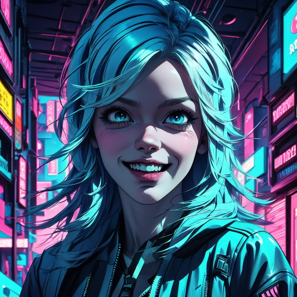 there is a woman with blue hair and a jacket, hyper-realistic cyberpunk style, realistic art style, Retrato ciberpunk, 🤤 portrait of , cyberpunk artstyle, cyberpunk anime digital art, Retrato de RossDraws, garota cyberpunk sonhadora, the cyberpunk portrait of , portrait of cg society, cyberpunk style ， hyper realist, realism art style, photorealistic art style, rossdraws pastel vibrante, smiling