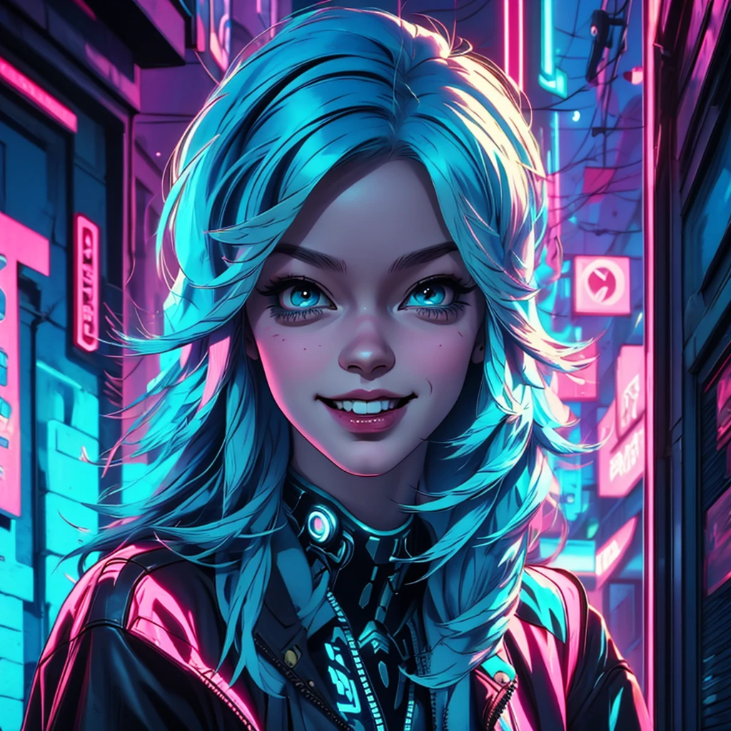 there is a woman with blue hair and a jacket, hyper-realistic cyberpunk style, realistic art style, Retrato ciberpunk, 🤤 portrait of , cyberpunk artstyle, cyberpunk anime digital art, Retrato de RossDraws, garota cyberpunk sonhadora, the cyberpunk portrait of , portrait of cg society, cyberpunk style ， hyper realist, realism art style, photorealistic art style, rossdraws pastel vibrante, smiling