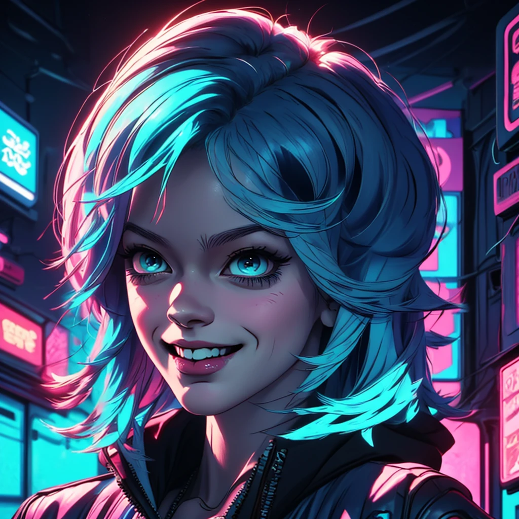 there is a woman with blue hair and a jacket, hyper-realistic cyberpunk style, realistic art style, Retrato ciberpunk, 🤤 portrait of , cyberpunk artstyle, cyberpunk anime digital art, Retrato de RossDraws, garota cyberpunk sonhadora, the cyberpunk portrait of , portrait of cg society, cyberpunk style ， hyper realist, realism art style, photorealistic art style, rossdraws pastel vibrante, smiling