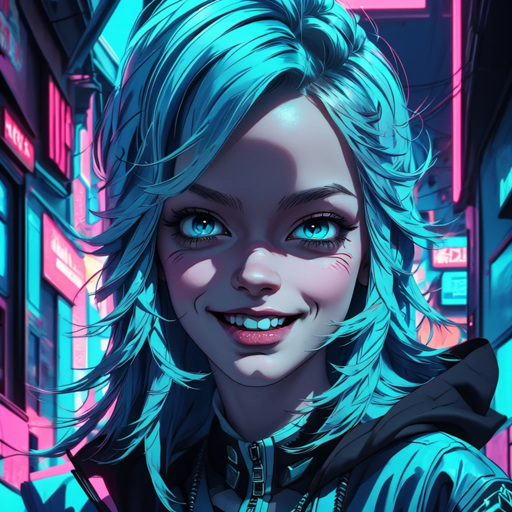 there is a woman with blue hair and a jacket, hyper-realistic cyberpunk style, realistic art style, Retrato ciberpunk, 🤤 portrait of , cyberpunk artstyle, cyberpunk anime digital art, Retrato de RossDraws, garota cyberpunk sonhadora, the cyberpunk portrait of , portrait of cg society, cyberpunk style ， hyper realist, realism art style, photorealistic art style, rossdraws pastel vibrante, smiling