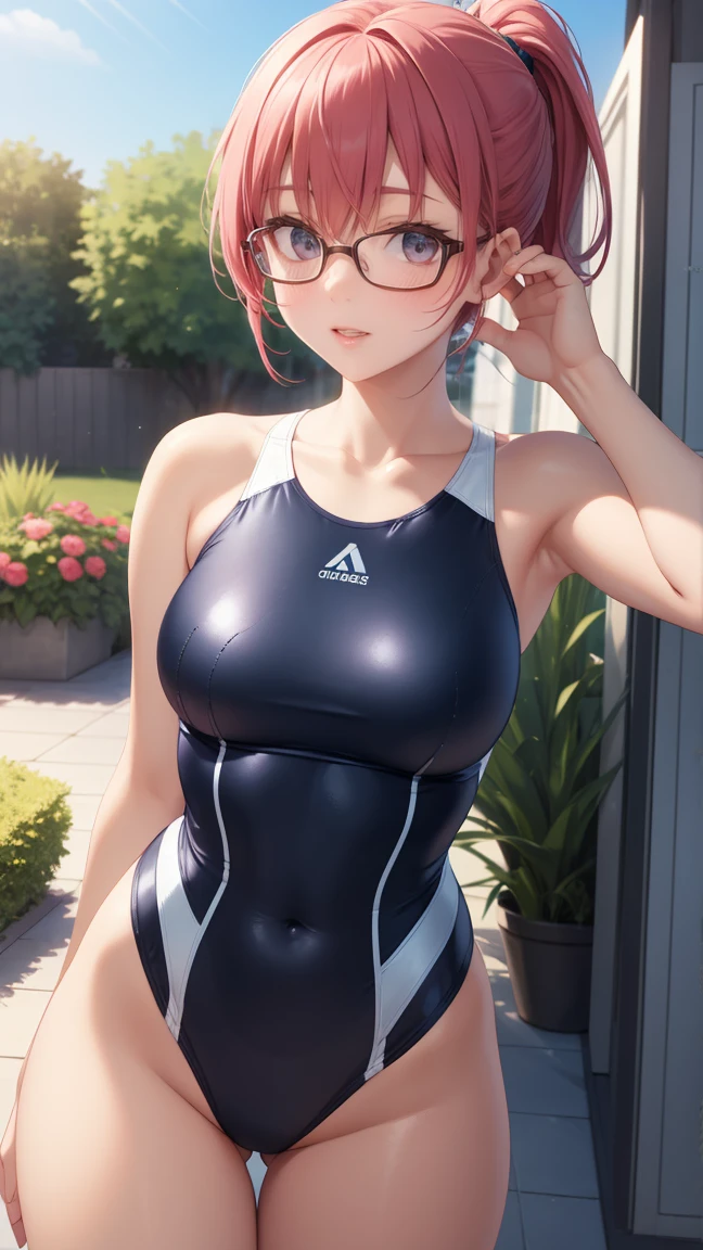 1girl, natural lighting, masterpiece, highly detailed, illustration, game CG, absurdres, high quality, aichan, medium breasts, beautiful detailed eyes, medium bright pink hair, ponytail, bangs, glossy lips, blush, garden, one-piece swimsuit, modelling pose, glasses