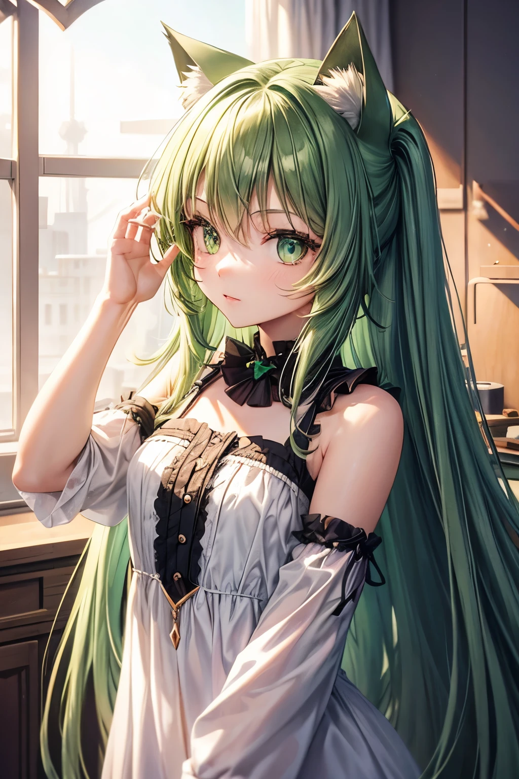 Long green hair,Cat ears,green eyes,little girl