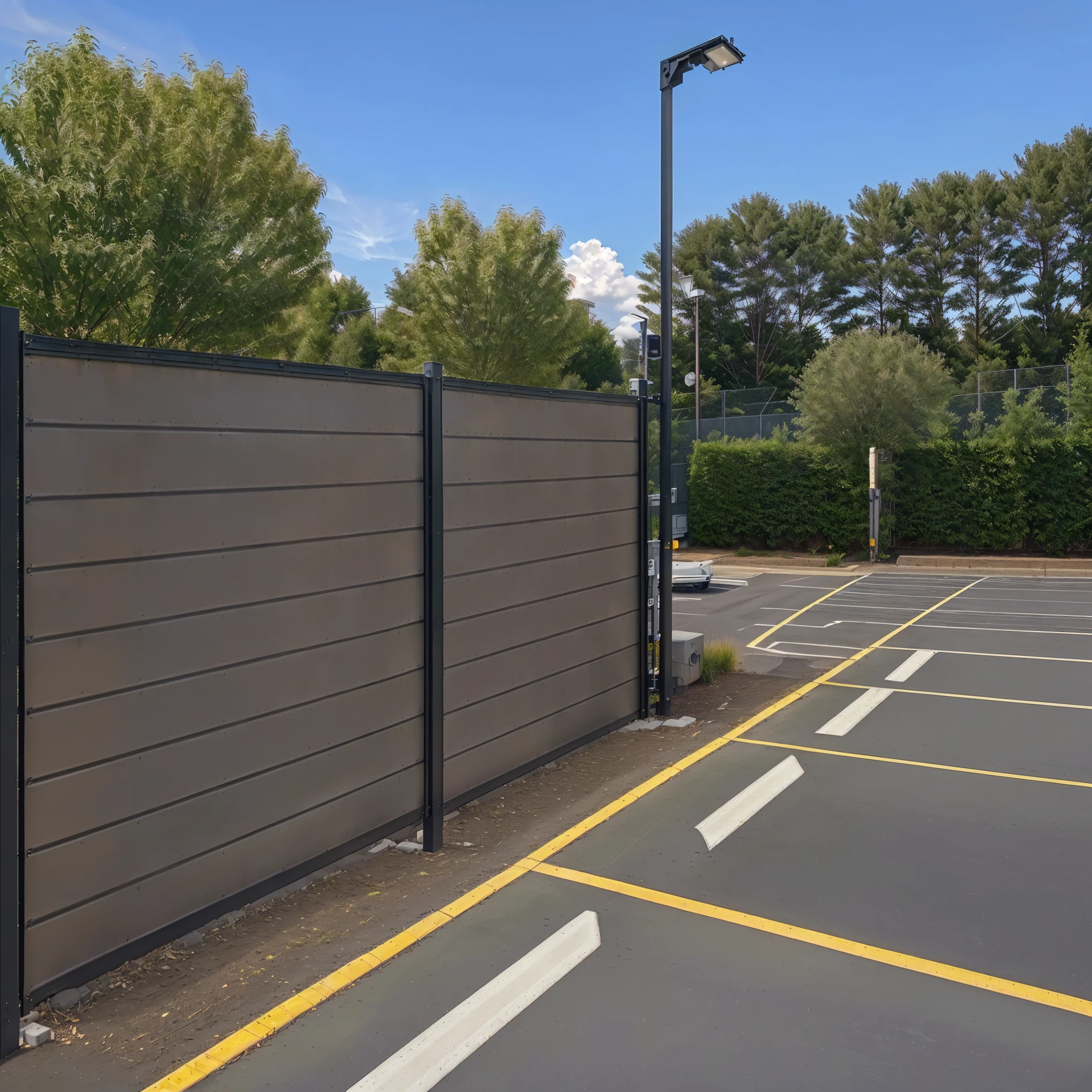 there is a fence that is in a parking lot with a parking lot light, composite, panels, outdoor, realistic scene, by Wayne England, fence, wide portrait, fencing, small fence, foam, photo taken with provia, complex background, close portrait, majestic masterpiece, full subject shown in photo, digital rendering, metal panels, detailed wide shot, zaun