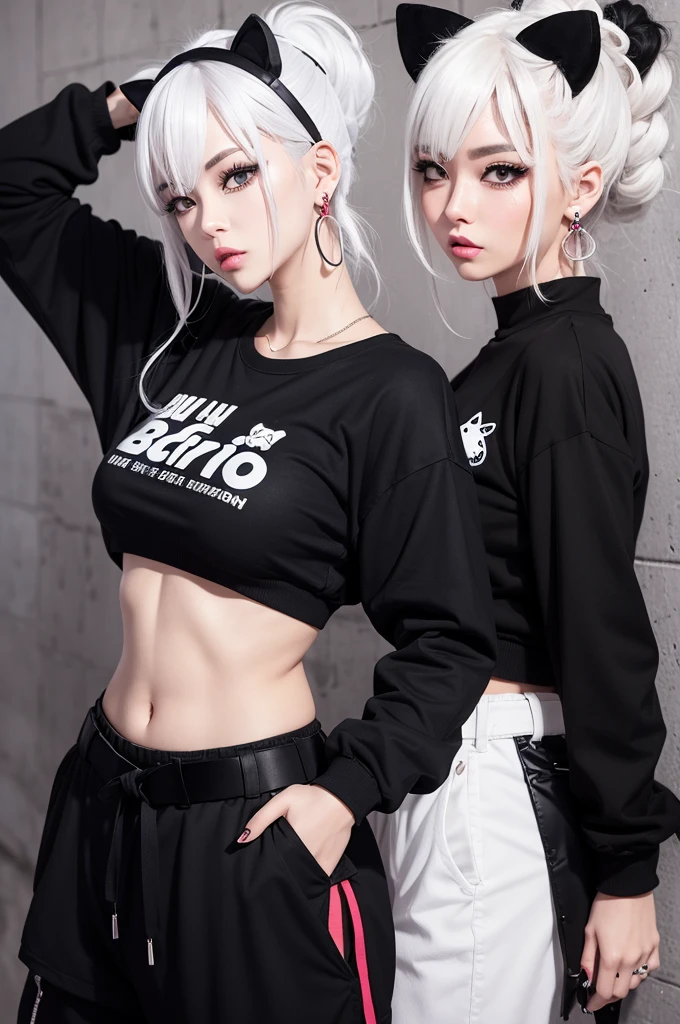 Make an anime style woman, Bullish, with large body, white hair tied up and a little messy but in a sexy style, eye white, big eyelashes, black clothes with a black cropped top with long sleeves, piercing na boca, navel and eyebrow, wears black cargo pants with a black belt with a hello kitty symbol, plus black earrings.