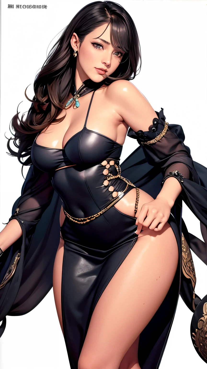 [Handsome, On a white background、Sexy mature woman with a seductive smile and open lips is standing。. Dark Skin, She has sharp eyelashes, Brown eyes, Long black hair with bangs. His figure is voluptuous, With a small waist, Wide hips, And huge breasts. The image is impactful, Genshin-style, As a great work of art、Rendered in high definition and HDR quality.]