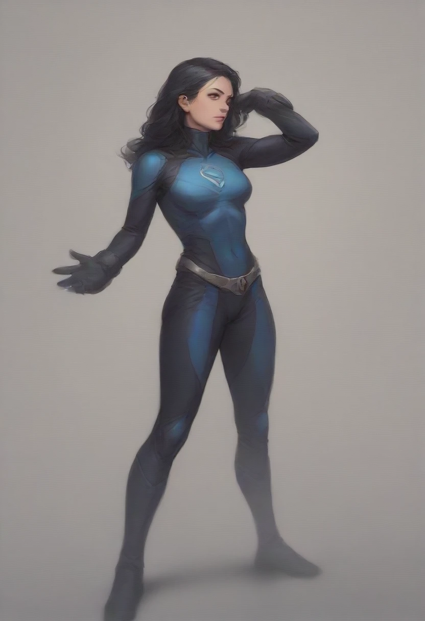 A girl of stunning beauty, with black hair, blue eyes, a sculpted body dressed in a superhero costume, in 4K resolution and realistic image.