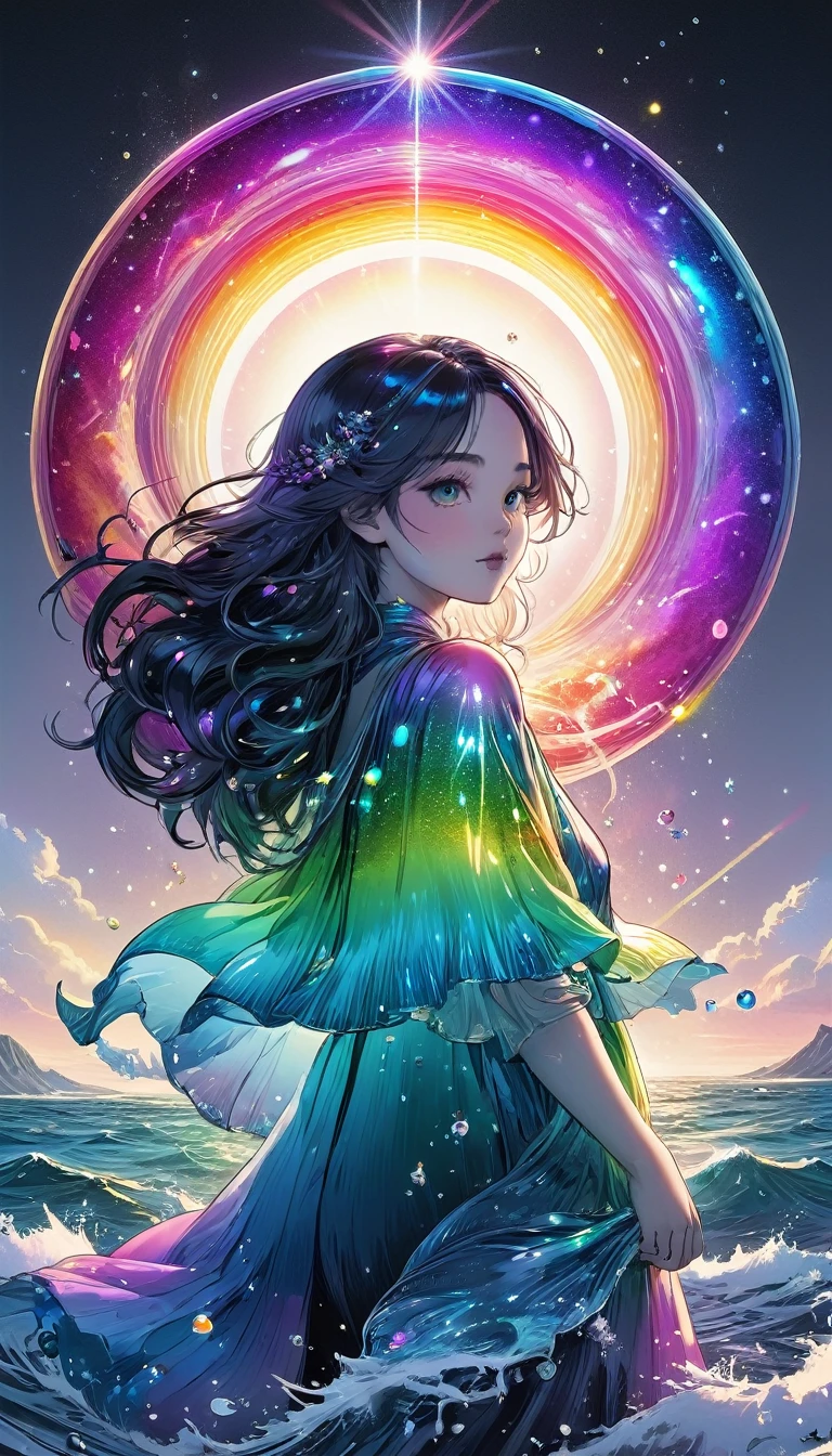 The rainbow-colored sea、Feel the summer、Highest quality, Super Fine, 16K, Incredibly absurd, Very detailed, delicate and dynamic, Multiple Translucency, Rainbow Magic Circle, ,, Prism special effects, mirror, illumination, Swirling dark aura, And beyond the universe,masterpiece．16K, Ultra-high resolution, Ultra-high resolution, to be born,wonderful ,future、Iridescent、The world 30 years from now。