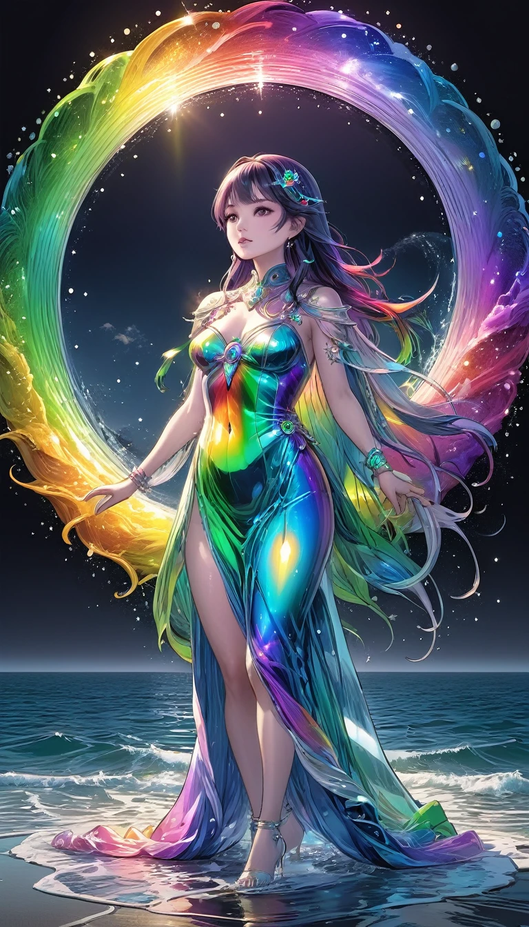 The rainbow-colored sea、Feel the summer、Highest quality, Super Fine, 16K, Incredibly absurd, Very detailed, delicate and dynamic, Multiple Translucency, Rainbow Magic Circle, ,, Prism special effects, mirror, illumination, Swirling dark aura, And beyond the universe,masterpiece．16K, Ultra-high resolution, Ultra-high resolution, to be born,wonderful ,future、Iridescent、The world 30 years from now。