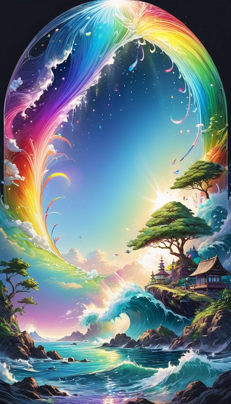The rainbow-colored sea、Feel the summer、Highest quality, Super Fine, 16K, Incredibly absurd, Very detailed, delicate and dynamic, Multiple Translucency, Rainbow Magic Circle, ,, Prism special effects, mirror, illumination, Swirling dark aura, And beyond the universe,masterpiece.16K, Ultra-high resolution, Ultra-high resolution, to be born,wonderful ,future、Iridescent、The world 30 years from now。