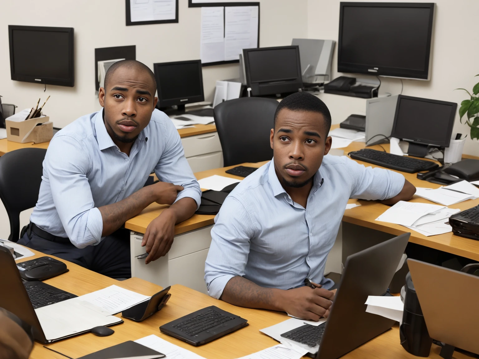 28 years old african american man, sitting in an office