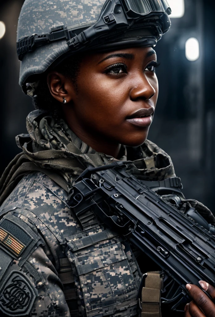 A muscular African American female special forces soldier, highly detailed portrait, beautiful detailed eyes, beautiful detailed lips, extremely detailed face, long eyelashes, serious expression, military uniform, tactical gear, assault rifle, night vision goggles, urban environment, cinematic lighting, dramatic shadows, gritty realism, hyper detailed, 8k, photorealistic, award winning digital