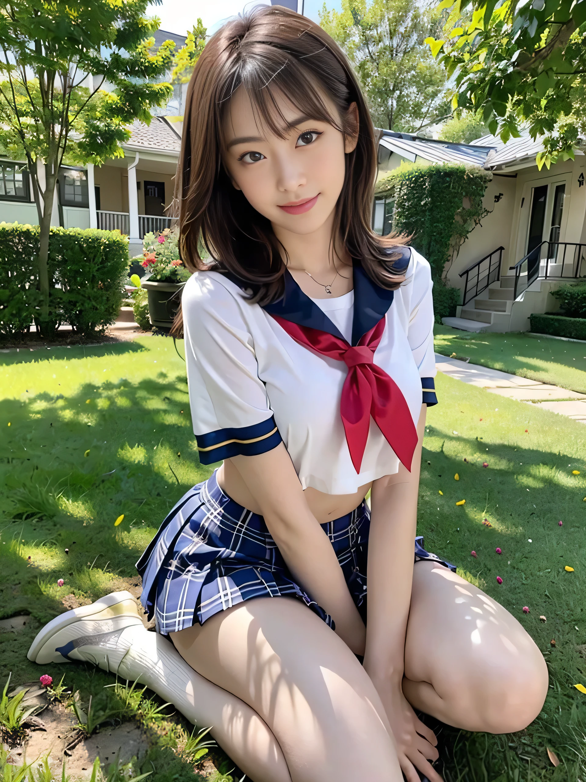 (Highest quality:1.5)、(Realistic:1.5)、(1 person:1.5)、Very detailed、High resolution、8K、Medium chest、Natural color lips、Cute Smile、Japanese women、20-year-old girl、Beautiful and elegant face、Perfect and beautiful face、Balanced big eyes、Brunette's eyes、Beautiful and elegant face、Natural double eyelids、Natural Bangs、Beautiful thin nose、Beautiful Skin、Medium Bob Hair、Natural Bangs、Perfect and beautiful face、Slim face and figure、Summer blue sky、Mountain Grass Park、Look at the viewers、School Sailor Suit、White short sleeve blouse shirt, Checkered Pleated Micro Mini Skirt,、Knee-high socks、Beautiful belly button、Open the navel、るSchool Sailor Suitを着ている、High-angle composition、(Staring at the camera with a sweet smile)、Bright lighting、Professional Lighting、Forward lighting、Beautiful legs:1.2、Smooth Skin、The body is slim、Slim waistline、slim thin thighs、(Kneeling on the grass)、(Angle from below)、Stand on one knee、White clover is blooming sparsely on the lawn..、Dandelions are blooming sparsely on the lawn、