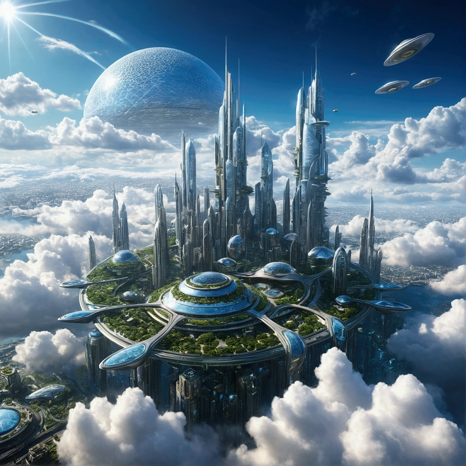 Futuristic city with clouds in the sky, Floating city in the sky, Floating city on clouds, Floating Land in the Clouds, 在幻想Sci-fi city, Future Utopian City, Floating city, Sci-fi city, Huge futuristic temple city, Future utopian metropolis, Future Utopian Fantasy, Abandoned flying future city, Otherworldly Future City Cyberpunk City High Tech City Style Future City