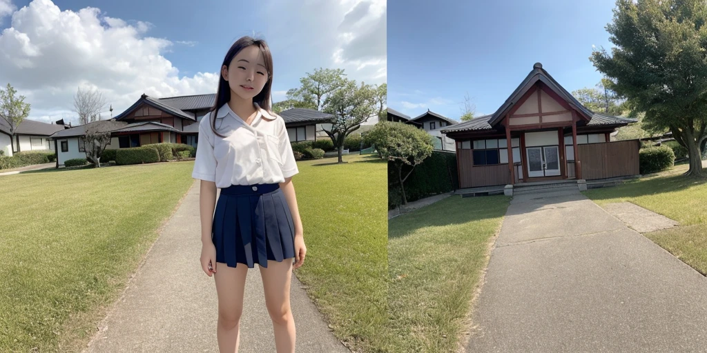  Equirectangular 360-degree panorama view photo with left and right ends seamlessly connected. Japanese girl, , uniform, Young, The wind has blown her skirt up, exposing her underwear