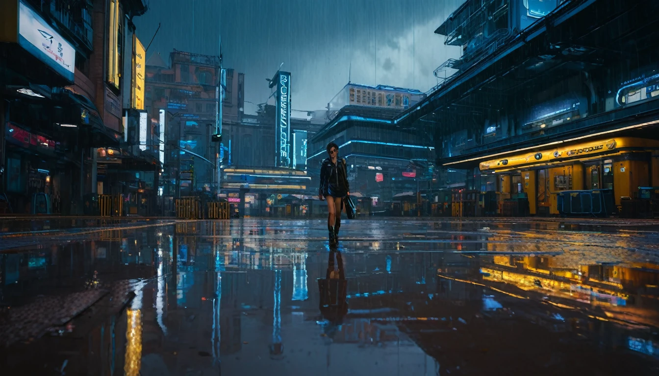 (best quality, masterpiece, ultra detailed, ultra high res, photorealistic, raw photo, absolutely resolution), Cyberpunk, 20 year old woman, The station square just after the rain stopped. A puddle remains on the ground, and the station building and streetlights are reflected in it. Although the scene is a bit lonely, it also gives a sense of hope.