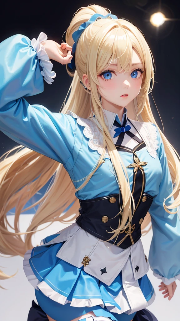 Blonde、ponytail、long hair、Russian beauties、Pale blue eyes、Idol、Color: Blue、dance、Fluffy skirt