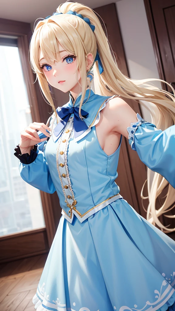 Blonde、ponytail、long hair、Russian beauties、Pale blue eyes、Idol、Color: Blue、dance、Fluffy skirt