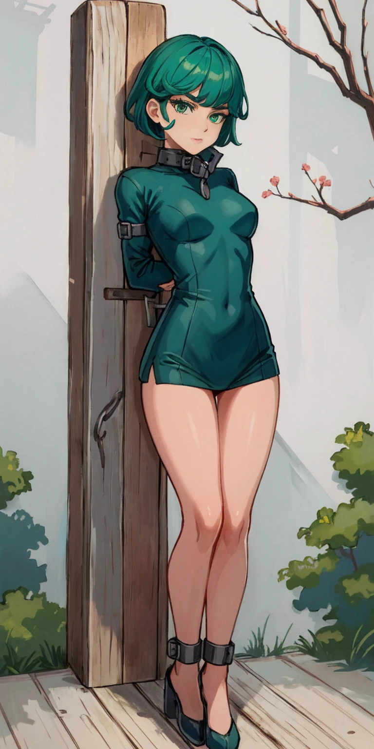 (Masterpiece, best quality, intricate details, 1sologirl) iron collar, arms behind back, iron cuffs, shackles, bound ((standing by wooden pole:1.2)) looking from above happy closed mouth, green short bob haircut