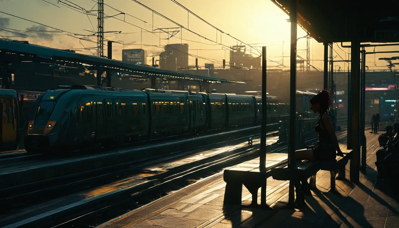 (best quality, masterpiece, ultra detailed, ultra high res, photorealistic, raw photo, absolutely resolution), Cyberpunk, 20 year old woman, This image captures the moment the train arrives on the platform in the setting sun. The silhouette of a person sitting on a bench at the station gives off a somewhat nostalgic atmosphere.