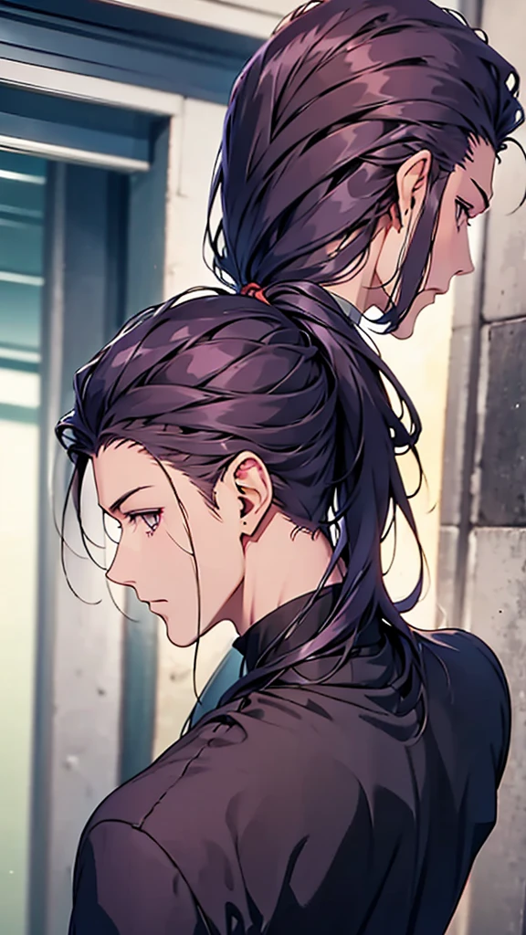 Red suit、ponytail、Back view