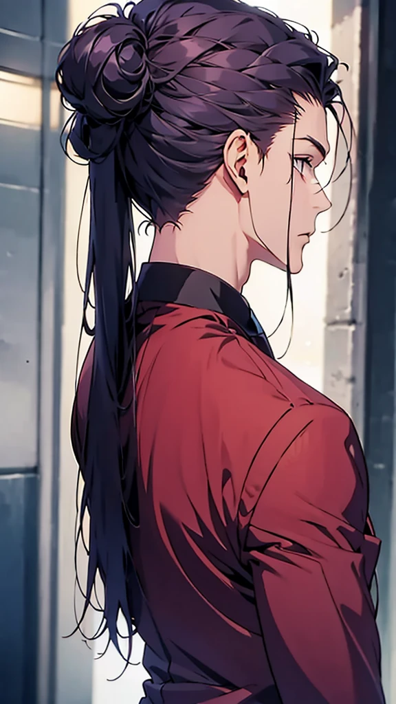 Red suit、ponytail、Back view