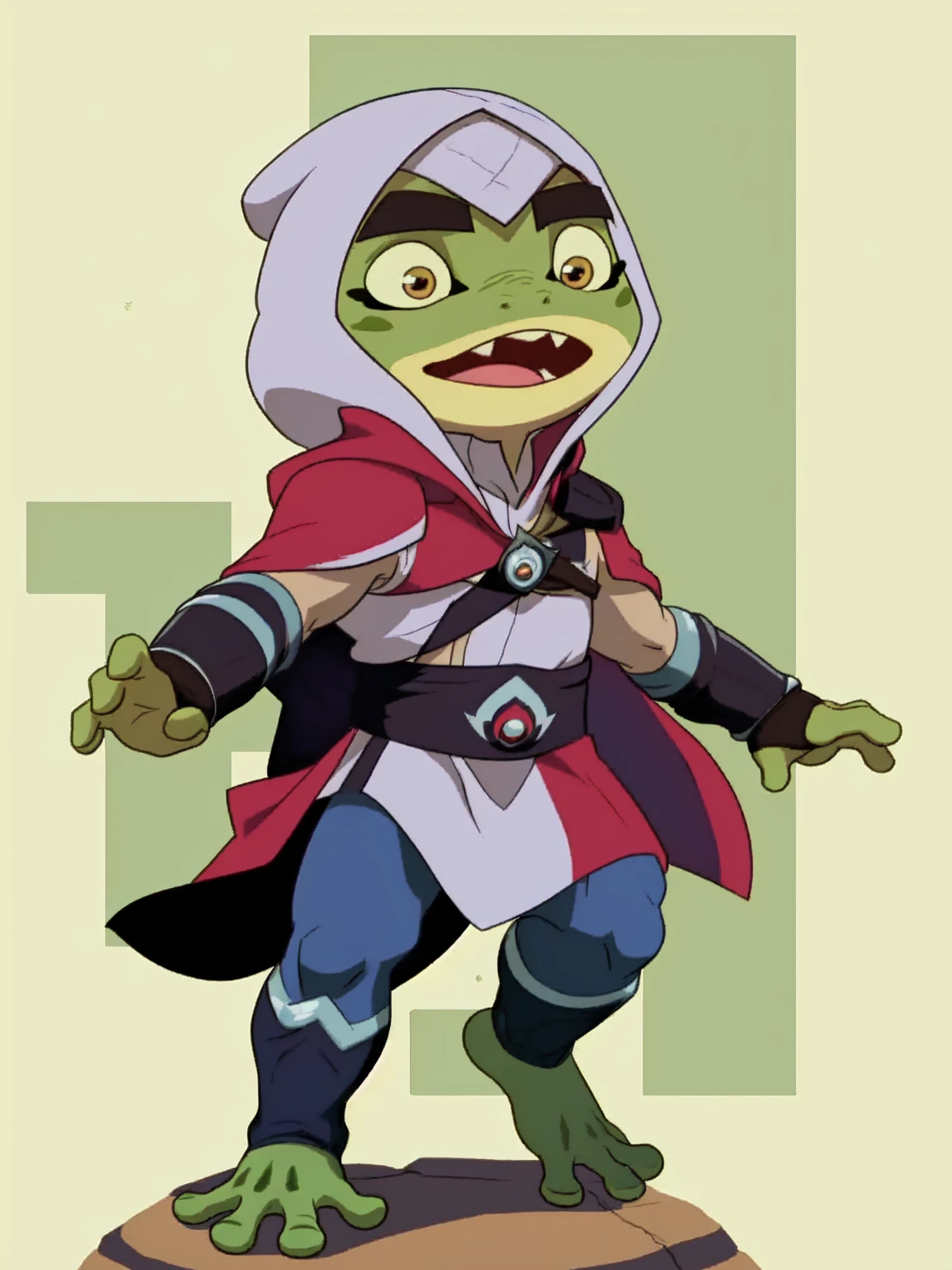 ((masterpiece, best quality:1.6)), (solo, 1boy, chibi:1.4, slim, Big head, shrink:0.73, 4 fingers, 3 toes, teeth, cute mouth, :3, reactions, wear ninja glove with socks, Create a small anthropomorphic frog cartoon character named Bullfrog from Captain Laserhawk: A Blood Dragon Remix, cute character, Bullfrog speak funny French train as Assassin in the ways of the Assassin Brotherhood. He should be depicted wearing traditional Assassin’s Creed attire, including a hood, cloak, cloths purple with red, and hidden blades, but modified to fit a small, agile frog. The character should embody a blend of subversive, scrappy elements with the profound and resonant themes of the Assassin's Creed universe. The artwork should capture the juxtaposition of his disarmingly sweet look and his formidable warrior nature with funny anime reactions, silly)