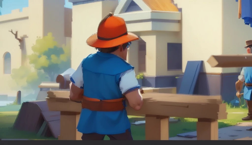 Man in blue clothes,Doing carpentry,wood,spade,castle,masterpiece, best quality, Film Grain, high resolution, Realistic lighting, HD, high resolution, 16K, 超HD, 超HD background, Ultra-clear background, Detailed background, Realistic background, Realistic shadows, Long Shot