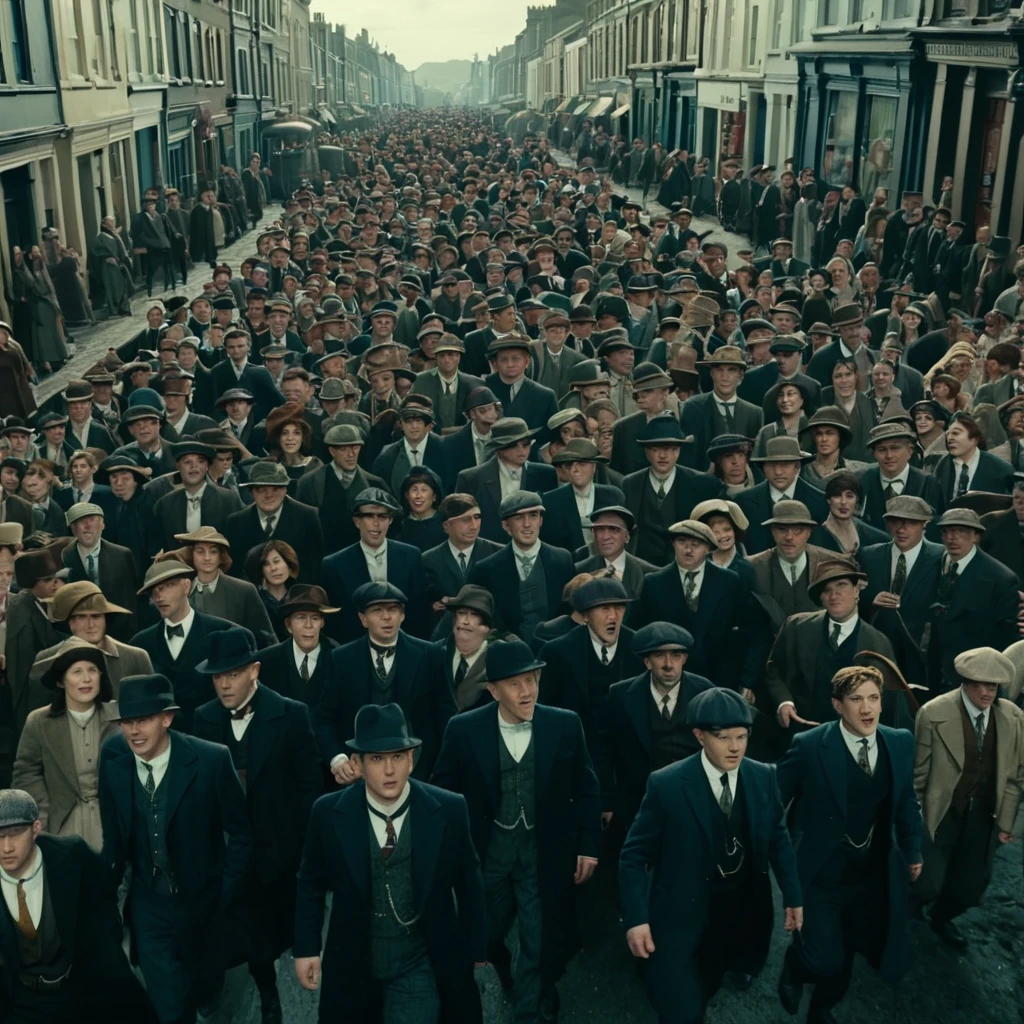 there are many people standing in a crowd together on the street, screenshot from a movie, movie still dnd, movie frame, movie still image, Movie scene, movie frame, a24, Peaky Blinders costumes, film movie frame, movie still dnd movie, still from a live action movie