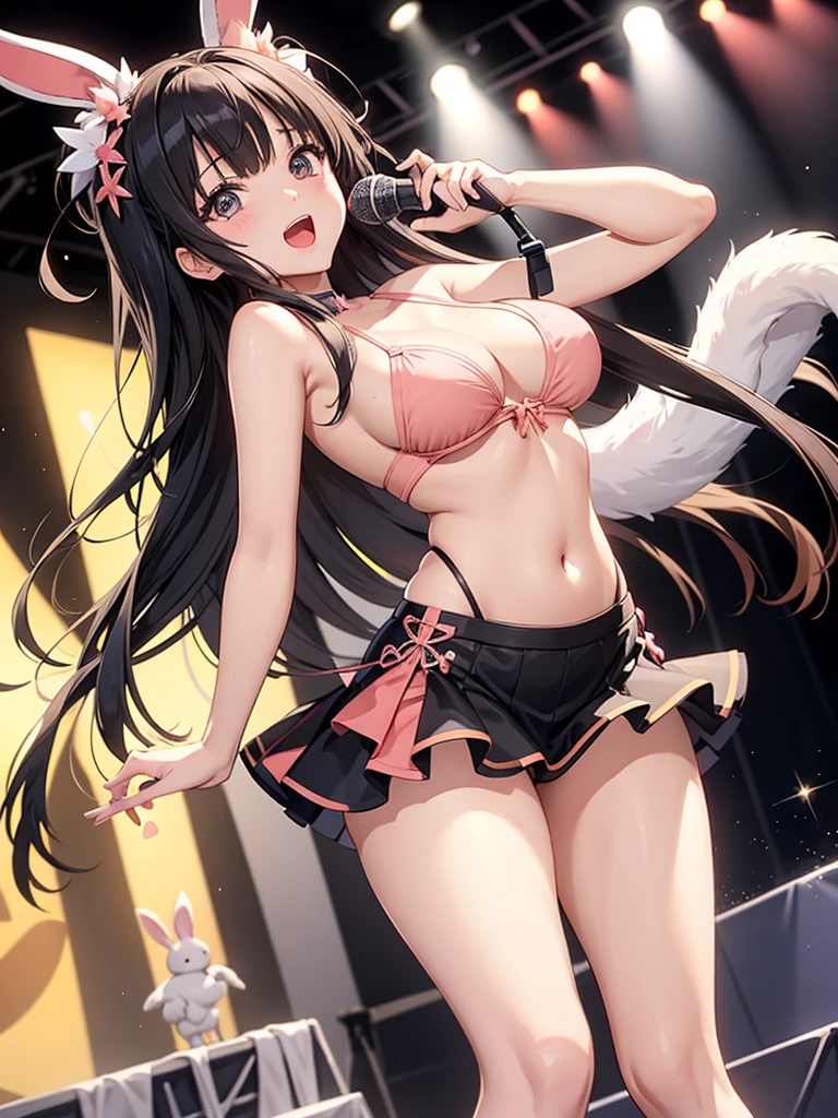 ((best quality)), ((masterpiece)), (detailed), perfect face, girl, black hair, white eyes, bunny suit, fishnet stockings, club theme, on stage, leaning against pole 